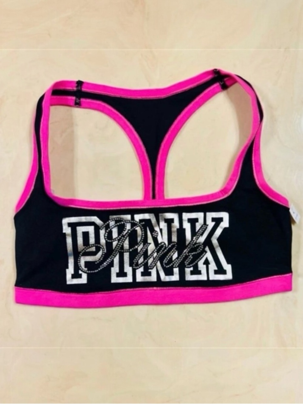 PINK VICTORIA’S SECRET Cotton Dorm Racerback Black Pink Bling VIRAL Bralette XL - Picture 5 of 12